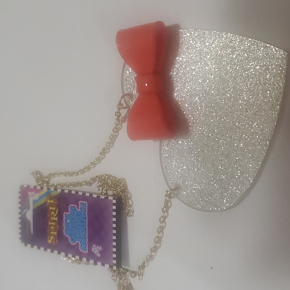 Glitter heart with bow plastic necklace